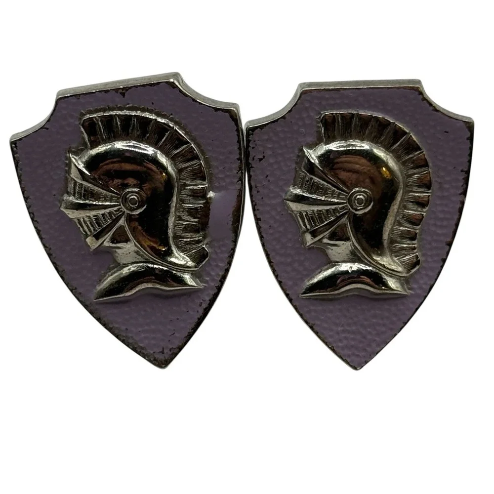 VTG Knight‎ Cufflinks Sheild Silver Tone Helmet Lavender Purple Enamel Roman